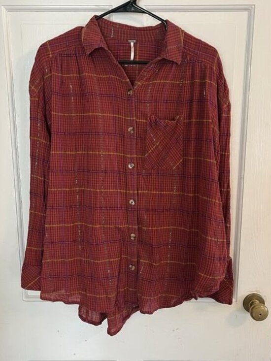 Free People Tops - Free People XS Plaid Button Down Shirt Western Boho Grunge Top Gauzy Cotton